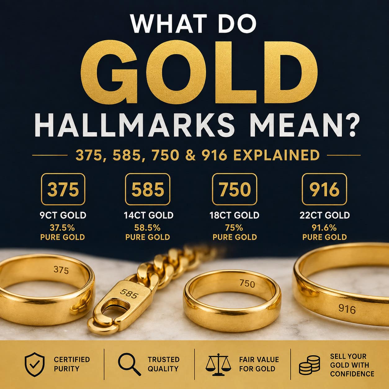 Gold hallmarks infographic showing the meaning of 375, 585, 750 and 916 gold purity marks with examples of 9ct, 14ct, 18ct and 22ct gold jewellery.